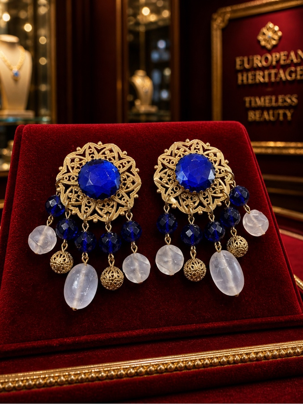 Rare Vintage Czechoslovakia Large Filigree Royal Blue Crystal Clip On Earrings